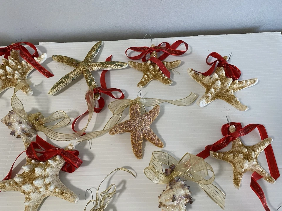 Lote de 32 estrellas de mar conchas árbol de Navidad adorno océano playa brillo dorado Foto 3 de 4