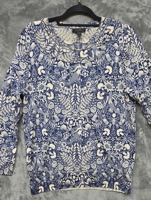 J. Crew Navy and White Floral Bird Wool Print Pullover sweater sz XL