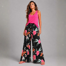 WOMENS LADIES BLACK TROPICAL PALAZZO TROUSERS PLUS SIZE WIDE LEG PANTS