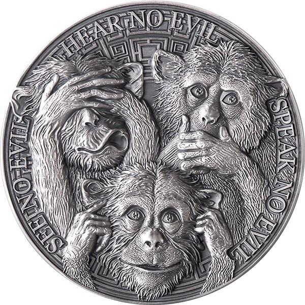 2022 Ghana Three Wise Monkeys Life Quotes 1 oz Antique finish Silver Coin