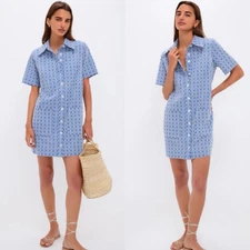 Tuckernuck Pomander Place Lacie Embroidered Dress Size L Denim Blue & White