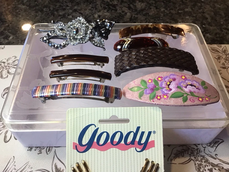 LOTE de pinzas de pelo vintage de cuero marcasita acrílico Lucita FIRMADO FRANCIA Foto 3 de 4