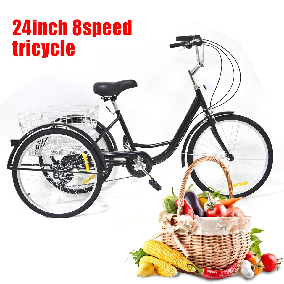 Erwachsene Dreirad 8-Gang 3 Räder Fahrräder Senioren Dreirad 24 Zoll mit Korb - Bild 3 von 4