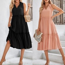 Tie V Neck Sleeveless Staight Cut Midi Tiered Dress