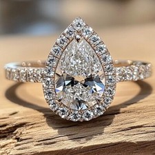 2.60 CTW D/VVS1 Moissanite Pear Cut Halo Engagement Ring 14K White Gold Plated