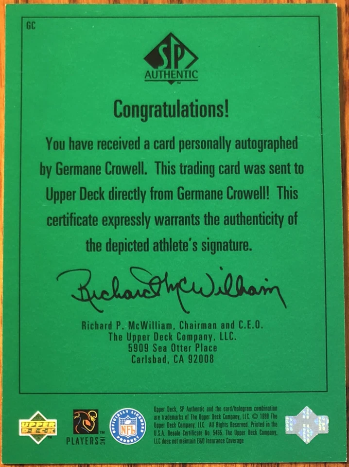 1998 SP Authentic Player’s Ink Green Germane Crowell #GC Detroit Lions - Image 2 of 2