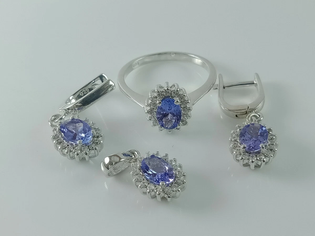 Natural Tanzanite Jewelry Set Pendant Earring And Ring Set 925