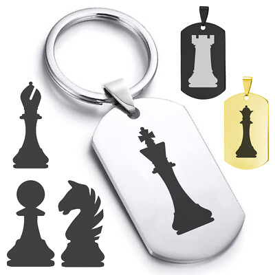Stainless Steel Chess Pieces Medieval Strategy Dog Tag Keychain Circle Ring