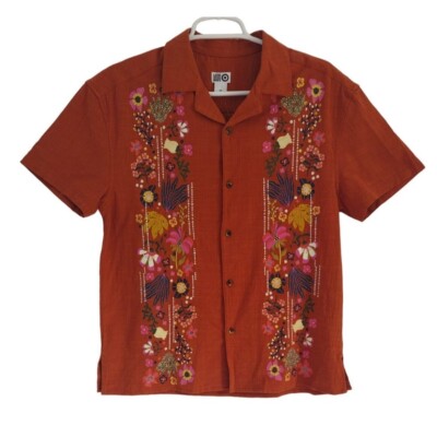 Latino Heritage Month Adult Shirt XS Floral Embroidered Cotton, Rayon Orange.