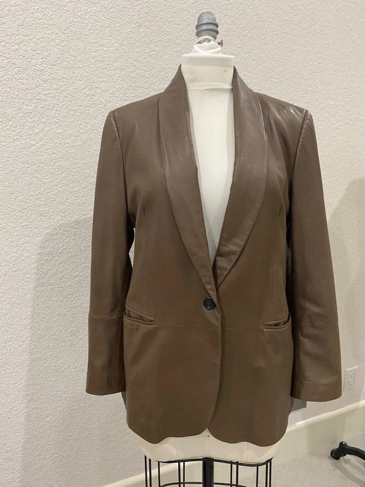 Brunello cucinelli shawl collar leather blazer 50 tan Monili trim - Image 2 of 4