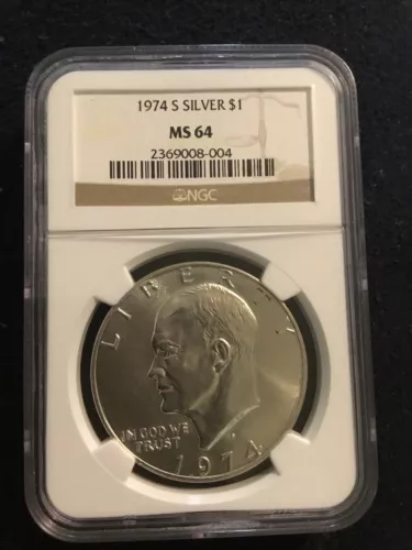 1974 S NGC MS 64 Eisenhower Silver Dollar, USA Silver $1 Coin, Moon Landing Rev.