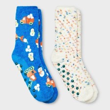 Kids' 2pk Cozy Crew Socks Cat Jack Blue M/L