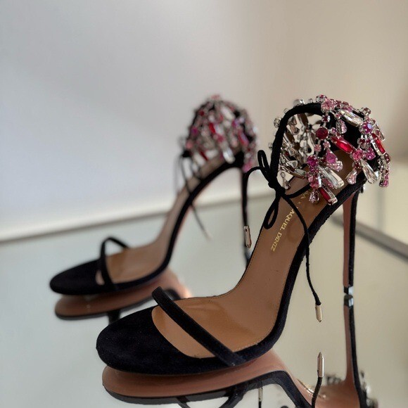 Sandales Talons Hauts AQUAZZURA Moonwalk 105 En Daim Noir Avec Cristaux - Taille 39.5