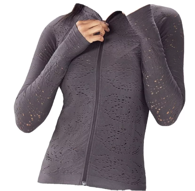 NWT Fabletics Womens Luciana Zip Up Jacket Gray Eyelet Long Sleeve Large