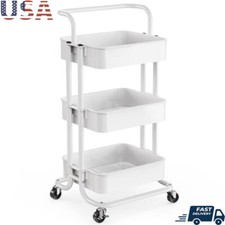 3 Tier Rolling Utility Cart Metal Storage Shelves Lockable Wheels Kitchen Office