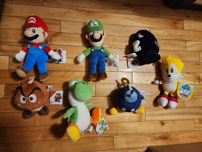 7 Total Nintendo Sega Plush Toy Lot! Mario, Luigi, Tails, Yoshi Etc! BRAND NEW!