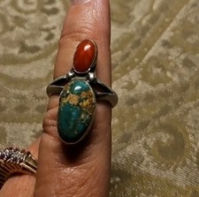 VINTAGE NATIVE AMERICAN CORAL AND TURQUOISE STERLING SILVER RING SIZE 7