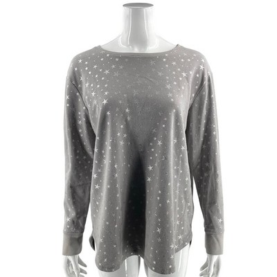 Jane Delancey Womens Top Sz Large Gray Silver Star Print Long Sleeve Waffle Knit