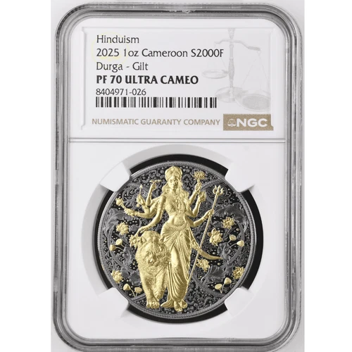 2025 Cameroon Durga 1 oz Silver Dark Ruthenium Gilded Coin NGC PF 70 UCAM