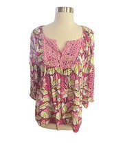 Crown & Ivy Women’s 3/4 Sleeve Pink Multicolor Floral Tunic Top Rayon Size PXL