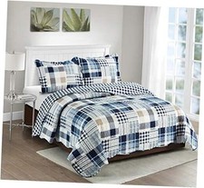 Plaids and Stripes Patchwork, 3-Piece Quilt Set with 2 Quilt Set Queen Blue