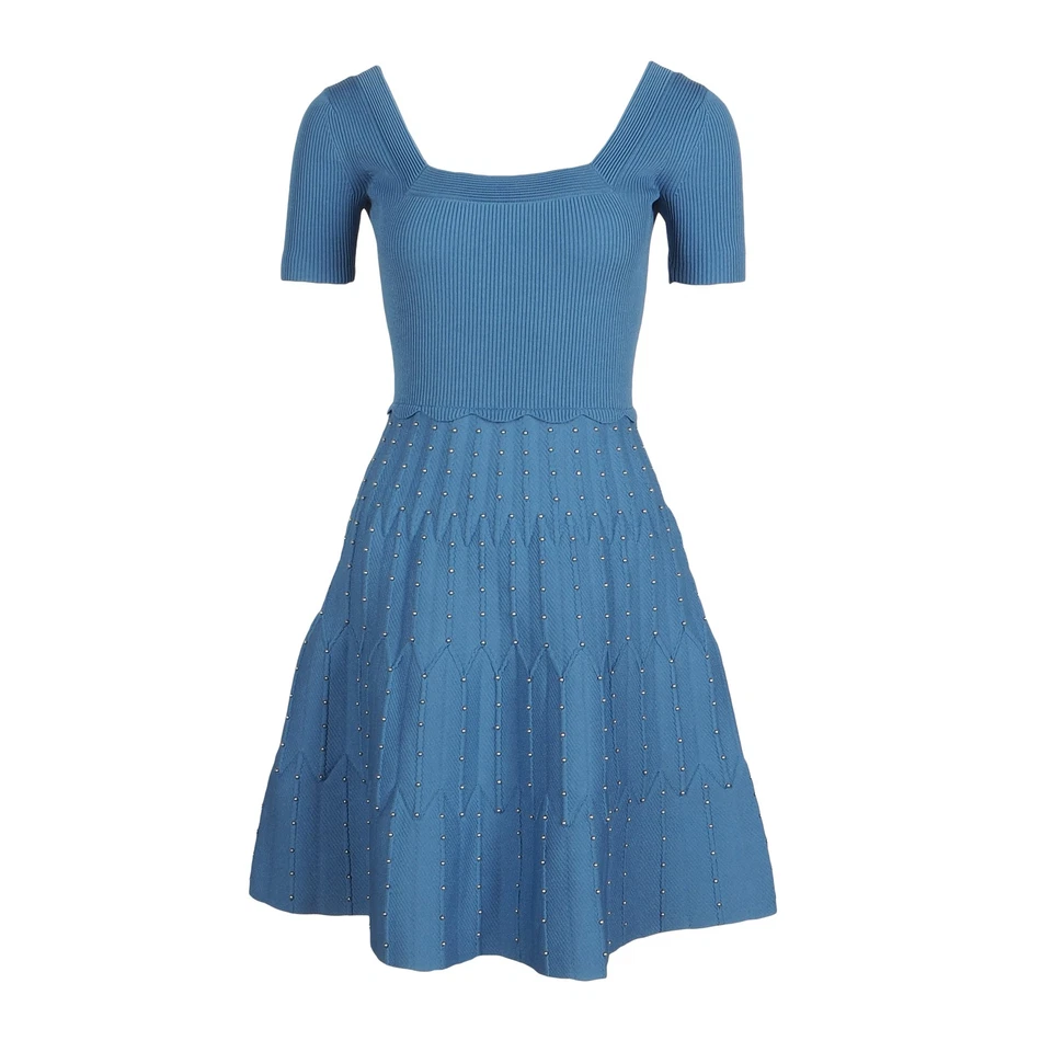 Sandro Paris Damenkleid Blau Gestrickt Mit Nieten Kurz A-Linie Größe 36 FR S - Bild 2 von 4