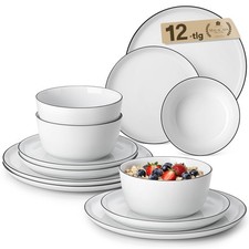 12 Piece Dinner Sets for 6 People, White and Black Rim Porcelain