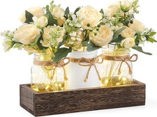 Mkono Mason Jar Lights Centerpiece Table Decor for Dining Room Farmhouse Wood Tr