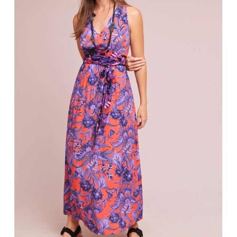 anthropologie blue floral maxi dress Maeve Macie Sz 8 Purple Red V-Neck Boho NWT Anthropologie bhldn