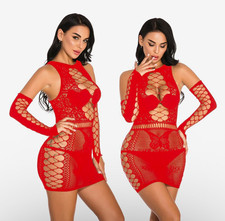 Women  s Red Mesh Cut-Out Bodycon Mini Dress Halter Long Sleeve Stretch