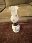 Vtg Small Milk Glass Hobnnail Oil Lamp With Roses 7 1/2”
