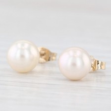 6.6mm Cultured Pearl Stud Earrings 14k Yellow Gold Round Solitaire Studs
