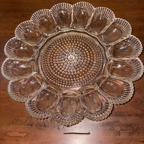 Indiana Clear Glass Hobnail Deviled Egg Serving Plate 11" Wide MCM Style EC