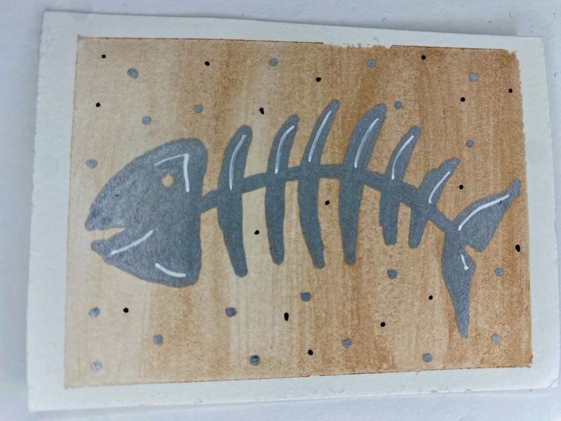 ACEO Original Mixed Media Abstract Painting Fish Skeleton 2.5x3.5 Tiny Art