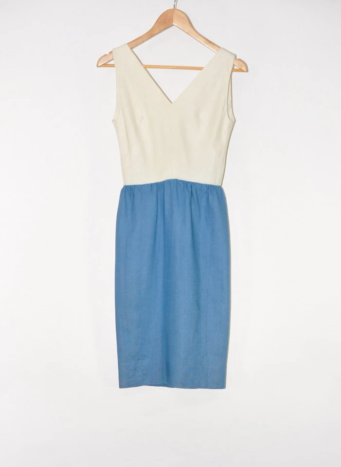 Vestido Larry Aldrich Vintage Años 60 Azul Crema Lino Cuello en V Lápiz Movible Mujeres XS Foto 3 de 4