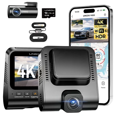 LINGDU V620 4K+1080P WiFi6 GPS ADAS Dashcam vorne und hinten Parkmodu 64GB&Hardwire-Kit