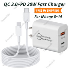 QC PD 20W Fast Wall Charger Type C Adapter Cable For iPhone 14/13/12/11 X XR 8