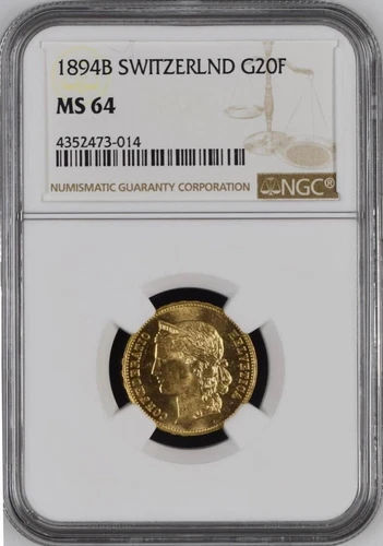 SWITZERLAND , GOLD 20 FRANCS 1894 B - NGC MS 64 - BETTER DATE ,  RARE1