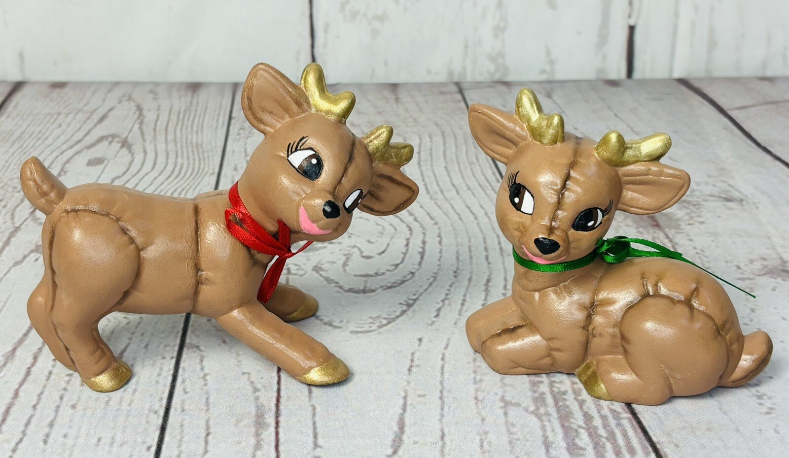 Lot Of 2 Kimple Ceramic Reindeer Christmas Figurines Hand Painted 4” & 5.5” L