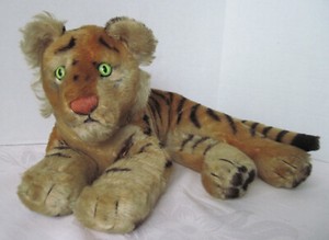 VINTAGE STEIFF MOHAIR TIGER PLUSH CAT BRIGHT GREEN EYES MADE IN GERMANY
