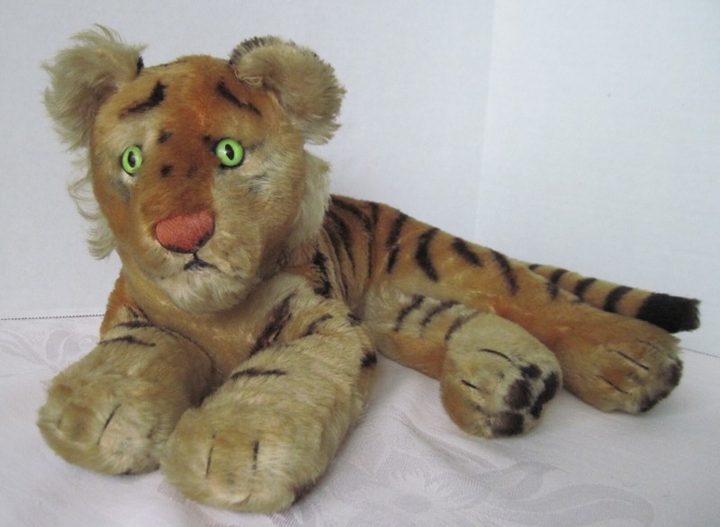 VINTAGE STEIFF MOHAIR TIGER PLUSH CAT BRIGHT GREEN EYES MADE IN GERMANY