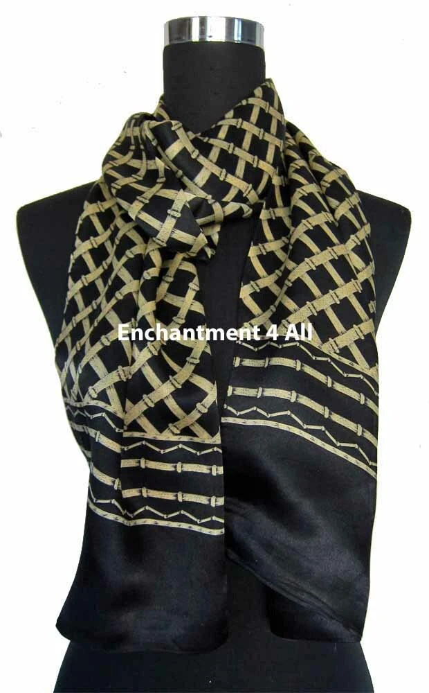 Double Layer 100% Silk Satin Plaid Neck Scarf Wrap, Black