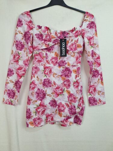 Boohoo Ladies Size 4 Pink Petite Floral Frill Edge Mini Dress