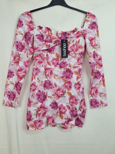 Boohoo Ladies Size 4 Pink Petite Floral Frill Edge Mini Dress - Picture 1 of 12