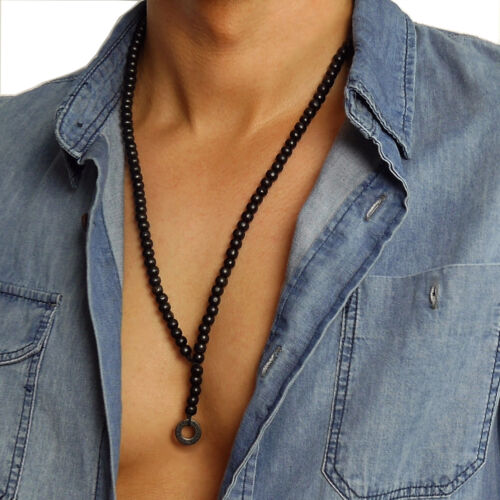 COLLIER HOMME PERLÉ SAUVETEUR pendentif rond ROSAIRE perles en bois noir marron garçons - Photo 1 sur 11