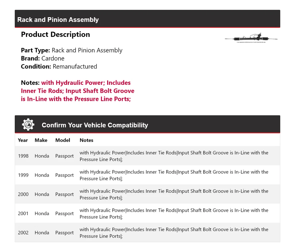 Conjunto de piñón y cremallera para Honda Passport 1998-2002 Cardone 1999 2000 2001 Foto 2 de 4