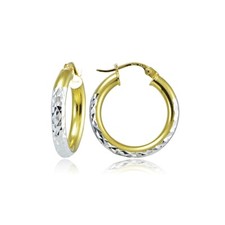 Sterling Silver Two-Tone 3mm Diamond Cut Round Hoop Earrings, 15mm