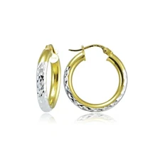Sterling Silver Two-Tone 3mm Diamond Cut Round Hoop Earrings, 15mm