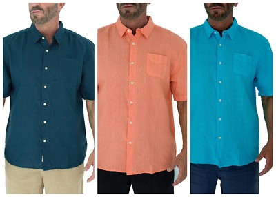Short Fin mens 100% Linen Short sleeve Linen button down shirt with side pocket