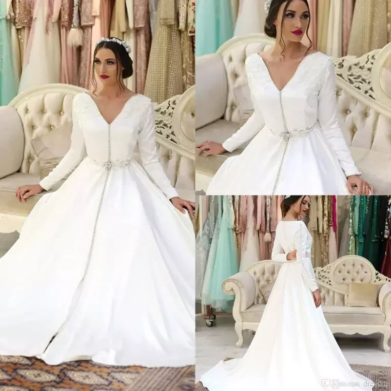 Simple Dresses V Neck Appliques Beaded Long Sleeve Wedding Dress Sweep Train - Image 2 of 4